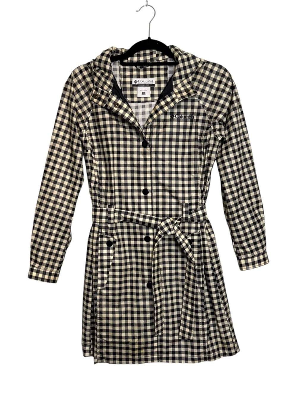 Columbia Gingham Hooded Rain Jacket Belted Black Cream XS Lightweight Flaws
